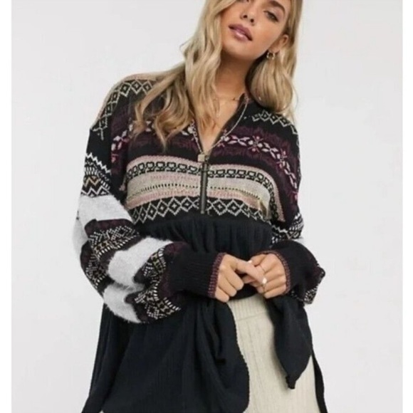 Free People Sweaters - Free People Cabin Fever Swit Fair Isle babydoll Sweater Black